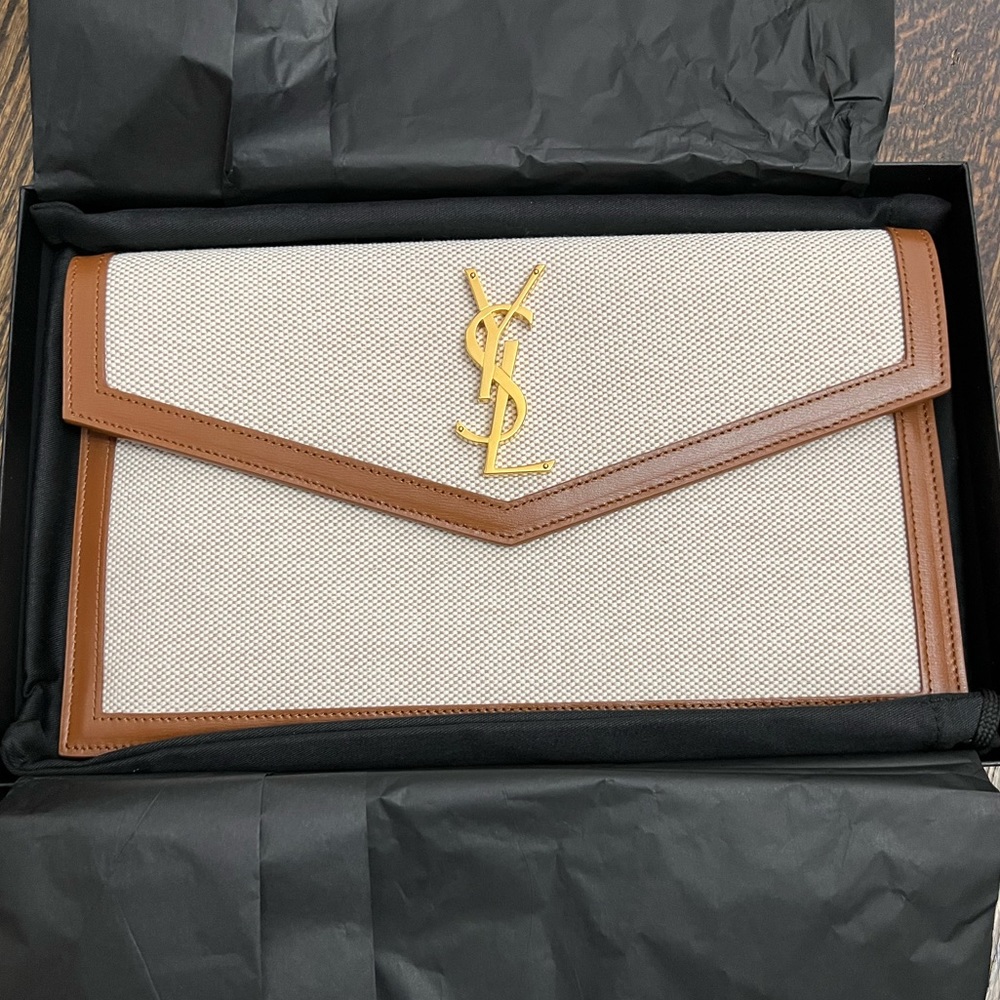 Yves Saint Laurent UPTOWN POUCH IN CANVAS AND SMOOTH LEATHER neutral beige